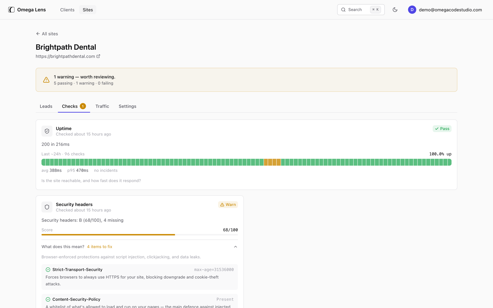 Omega Lens checks view: uptime 100% over 96 checks with response times, security headers scored 68/100 with plain-language explanations