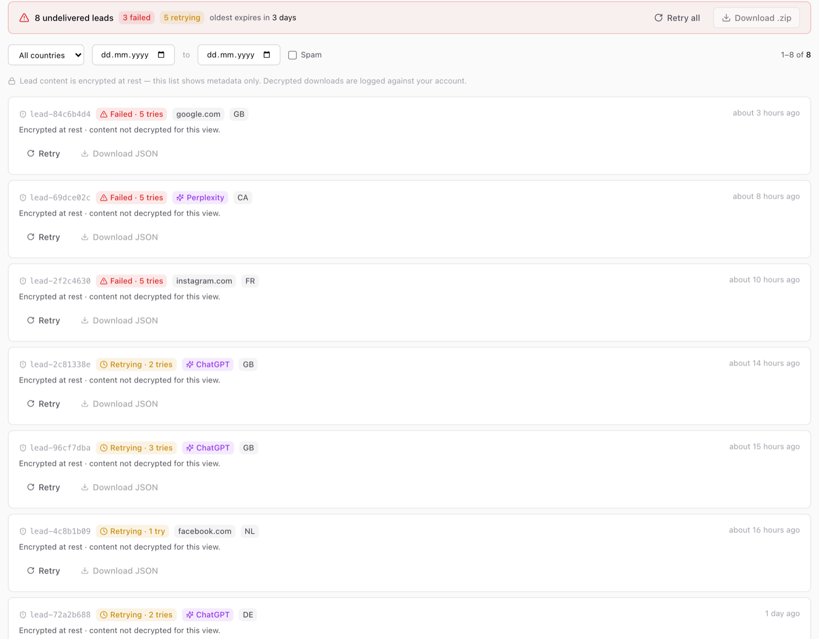 Omega Lens undelivered queue: 8 undelivered leads, 3 failed and 5 retrying with expiry countdown, per-lead retry and JSON export, retry-all and download-zip actions